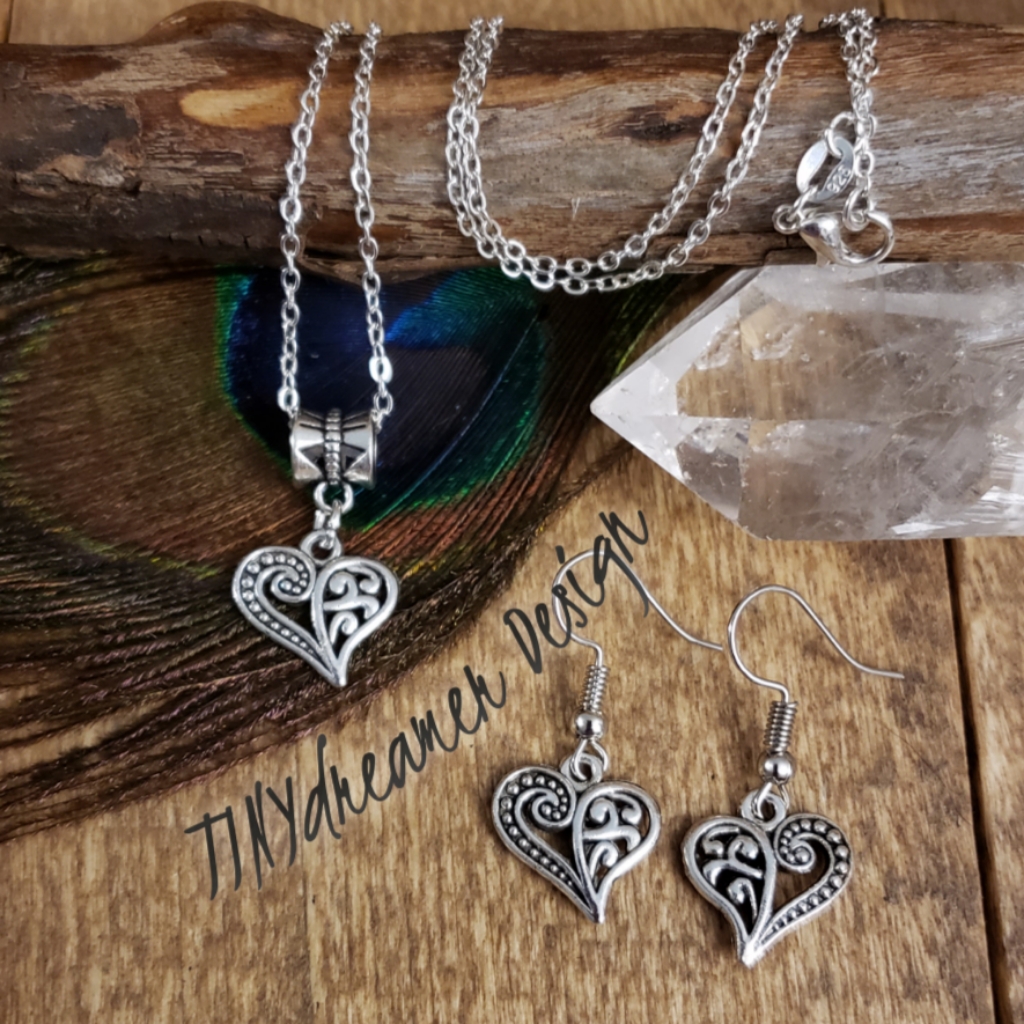 Celtic Tribal Heart Silver Earrings & 925 Necklace Set Heart Jewery Mom Gift